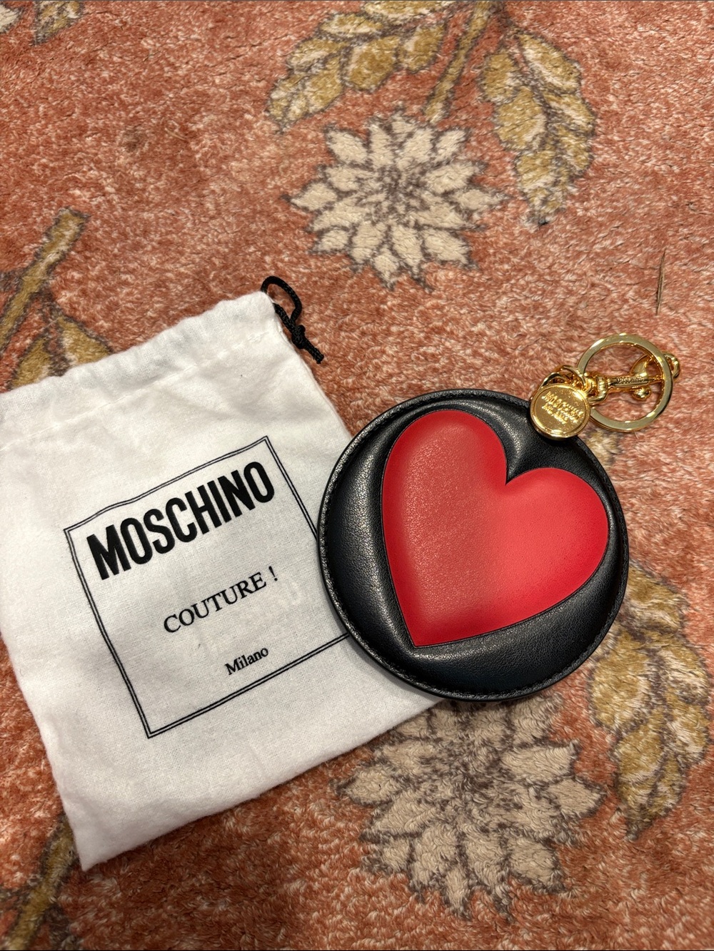 Moschino Black Round Coin Pouch with Red Heart and Gold Keyring